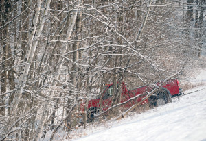 Anthony Edwards / Staff Photo  A pickup truck went off the road along Route 4 near Exit 5 in Castleton Monday morning.