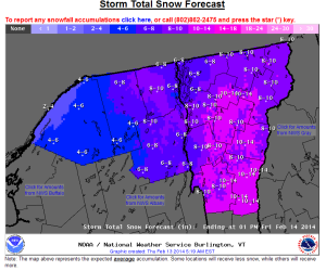 National Weather Service storm total predictions for Vermont.